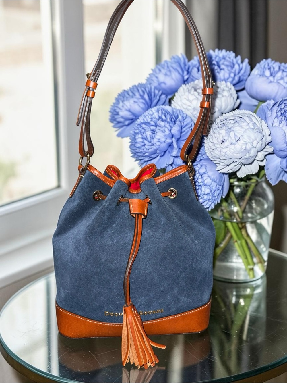 Dooney & Bourke Blue Suede Drawstring Shoulder Bag with Tan Leather Trim